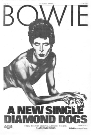 Export David Bowie: full-page advertisement for David Bowie's "Diamond Dogs" single from 1974.