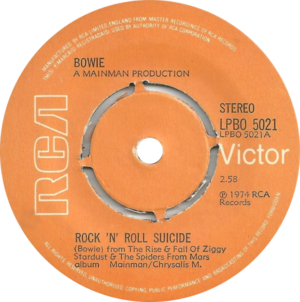 Export David Bowie: UK pressing of David Bowie's "Rock 'N' Roll Suicide" with knockout center from 1974.
