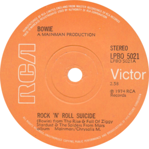 Export David Bowie: UK pressing of David Bowie's "Rock 'N' Roll Suicide" with solid center from 1974.