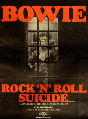 Export David Bowie: full-page advertisement for "Rock 'N' Roll Suicide" from 1974.