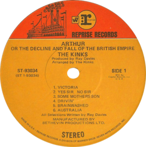 Arthur album: record label for Capitol Record Club pressing of ARTHUR LP album on Reprise from America.