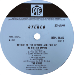 Arthur album: original stereo label for ARTHUR LP album on Pye from England.
