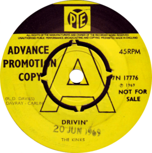Arthur album: yellow label promo copy of DRIVIN' single on Pye UK.